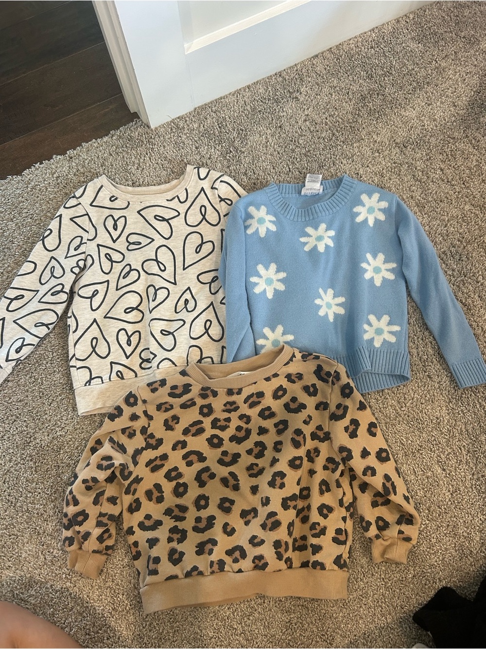3-Piece Girls Sweater Bundle - Hearts, Daisy Knit & Leopard Print